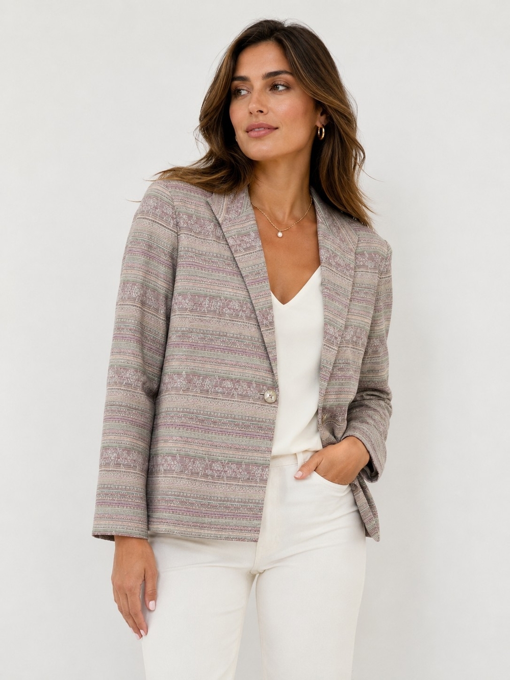 Jones New York Taupe and Pink Patterned Single-Button Blazer